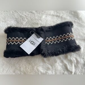 UGG Watherson Embroidered Headband Ear Warmer Black Shearling Fur NWT